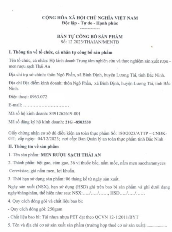 Men Rượu Sạch Thái An